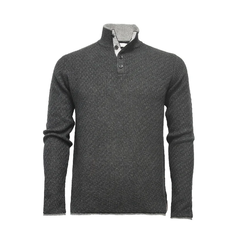 Men's sleep knit-Cashmere Sweater Button Neck Andromeda in Carbon Stitch Charcoal