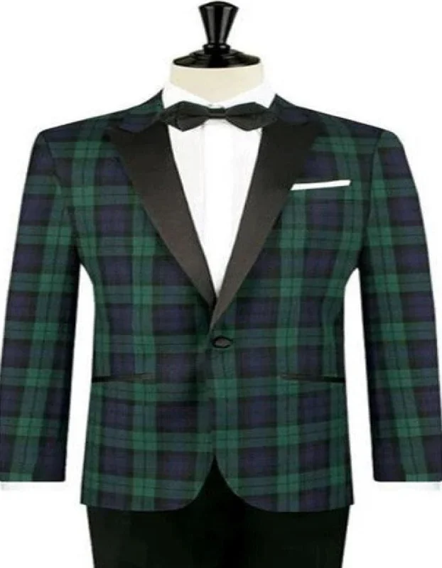 Men's sustainable travel jacket-Big and Tall Plait Sport Coat - Windowpane Checkered Scottish English Pattern Party Blazers in Color Green and Blue Tartan