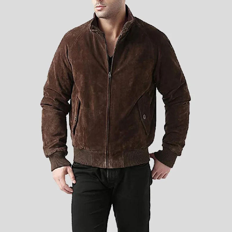 Men's organic cotton jacket-Harry Suede Brown Bomber Leather Jacket