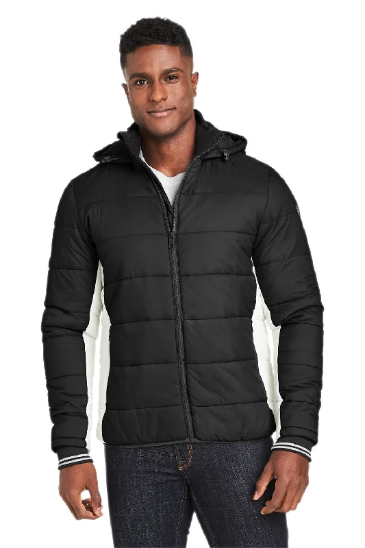 Men's fashionable rain jacket-Nautica Mens Nautical Mile Wind Resistant Packable Full Zip Hooded Puffer Jacket - Black/Antique White