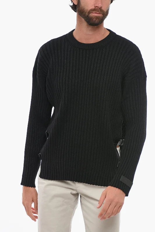 Men's UV protection sweatshirt-Versace Ribbed Wool Pullover with Side Buckles