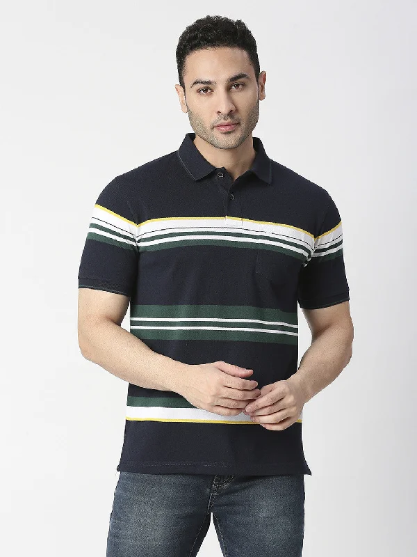 Men's weather-resistant gym polo shirt-Navy Blue Striped Pique Polo T-shirt with Pocket