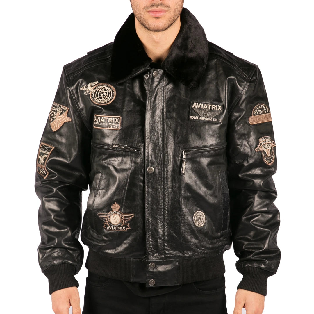 Men's ultra-comfortable travel jacket-Men's Black Leather Bomber Aviator Badge Pilot Jacket Removable Fur Collar