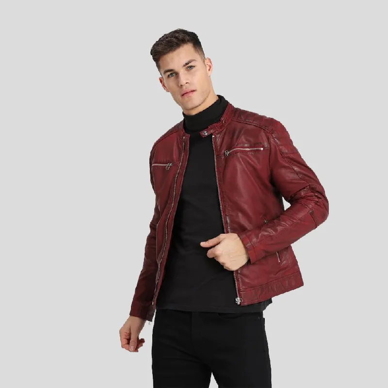 Men's ultra-lightweight jacket-Ben Red Biker Leather Jacket