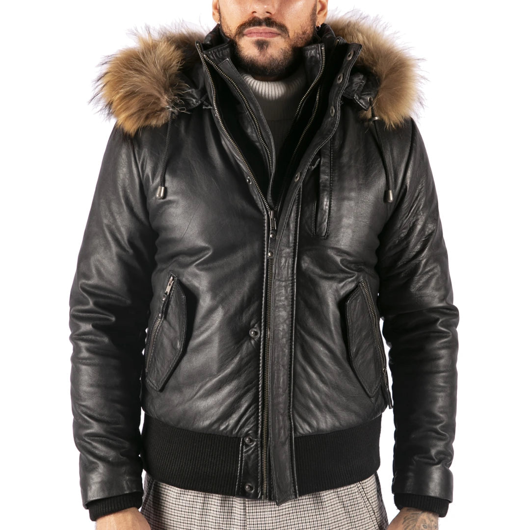 Men's sporty raincoat-Men's Fur Hood Bomber Leather Jacket Black Puffer Padded