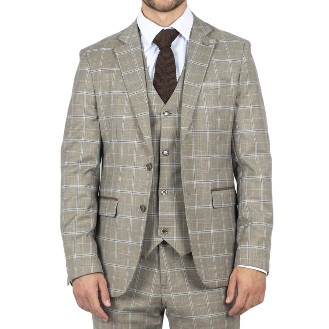 Men's versatile rain jacket-Hode - Men's Brown Checked Plaid Tailored Fit Blazer