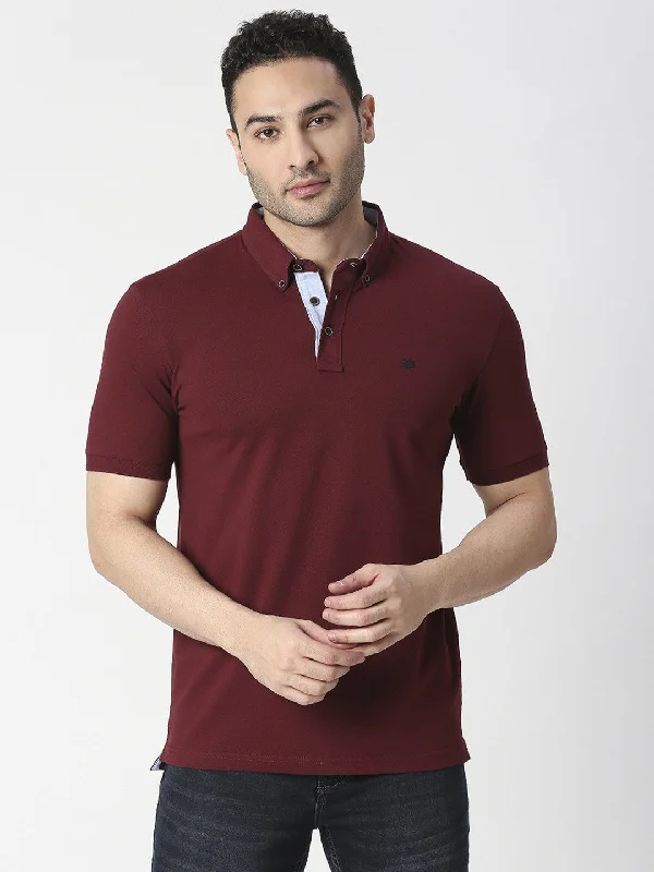 Men's weather-resistant casual polo shirt-Wine Cotton Lycra Button Down Polo T-shirt