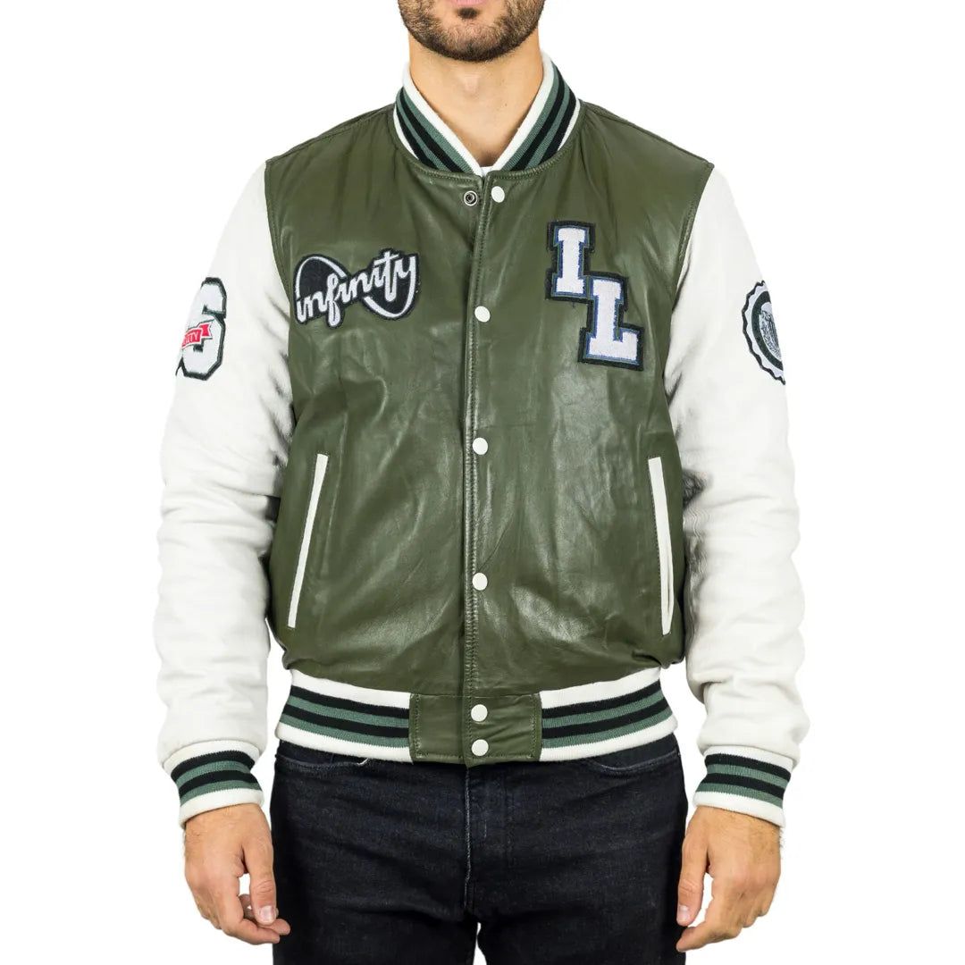 Men's summer performance jacket-Men's Olive Green Leather Letterman Bomber Jacket