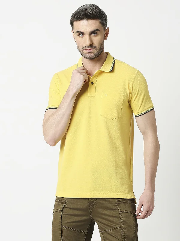 Men's eco-friendly gym wear polo shirt-Yellow Pique Lycra Polo T-shirt With Pocket