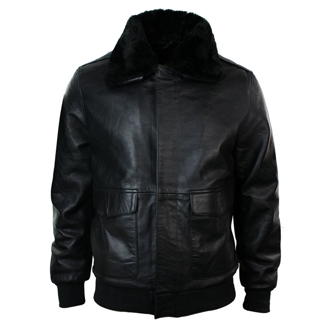 Men's modern denim jacket-Men's Fur Collar Leather Bomber Pilot Flying Jacket Black Brown A2