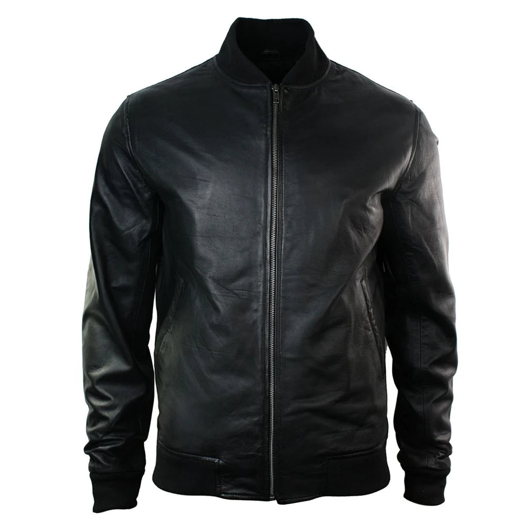 Men's sporty raincoat-Men's Leather Black Varsity Bomber Jacket Classic Black Brown