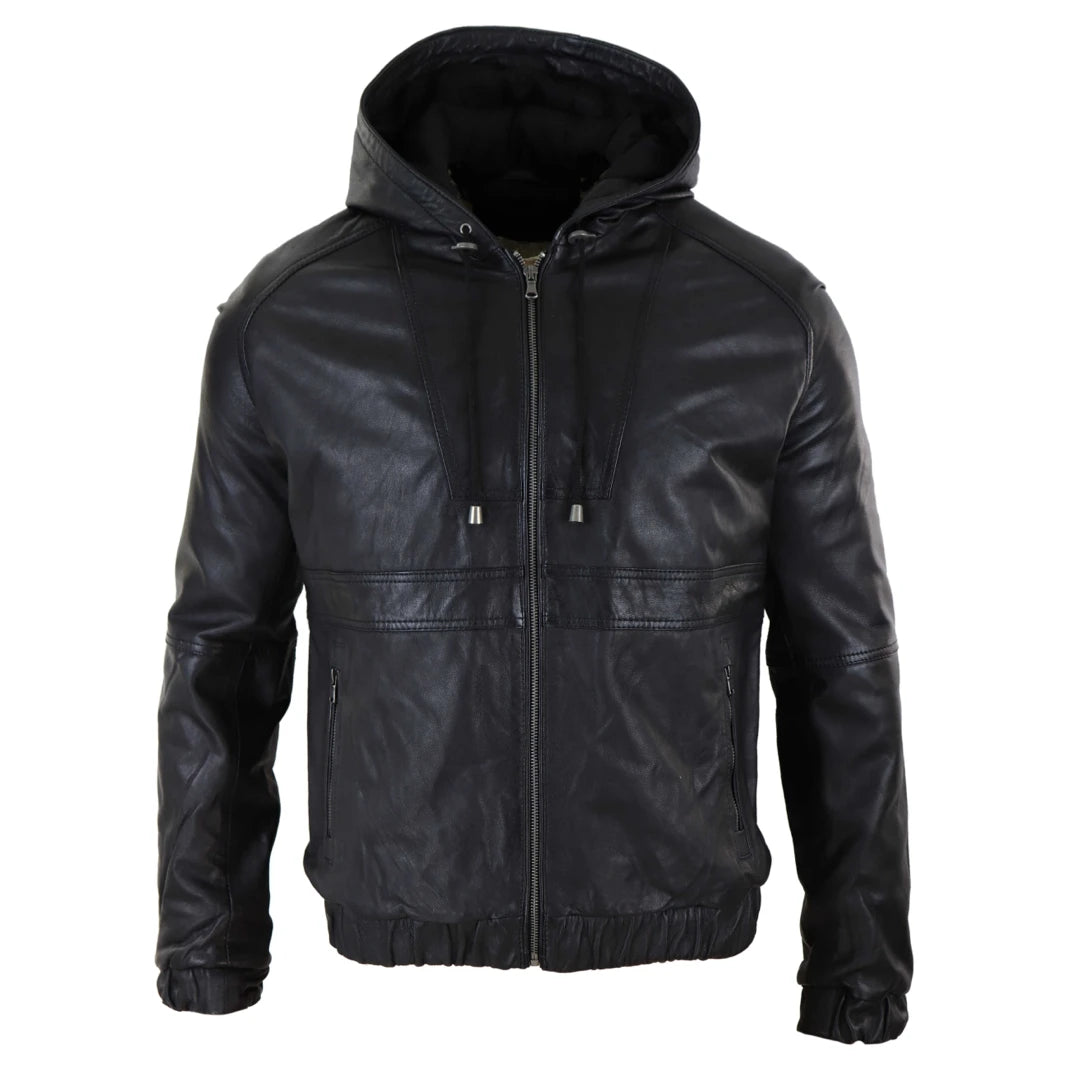 Men's organic cotton jacket-Men's Leather Hood Bomber Jacket Tan Brown Black Zipped