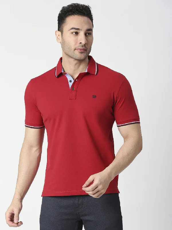 Men's performance casual polo shirt-Red Pique Lycra Polo T-shirt With Tipping Collar