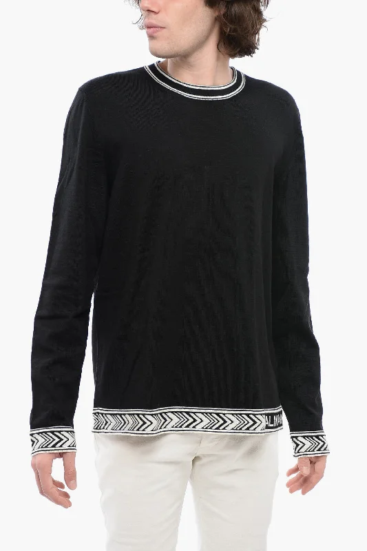 Men's work sweater-Balmain Crew Neck Virgin Wool Sweater With Contrasting Edges