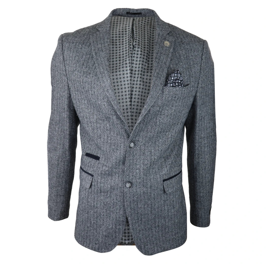 Men's lightweight running jacket-Men's Light Grey Black Blazer Jacket Tweed Suit Herringbone Wool 1920s