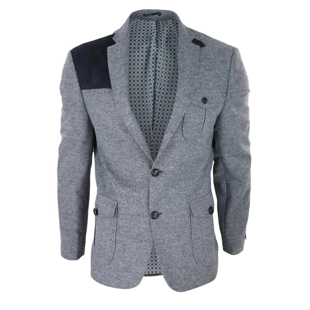 Men's wrinkle-free hiking jacket-Men's Wool Tweed Jacket Hunting Blazer Elbow Patch Grey Races