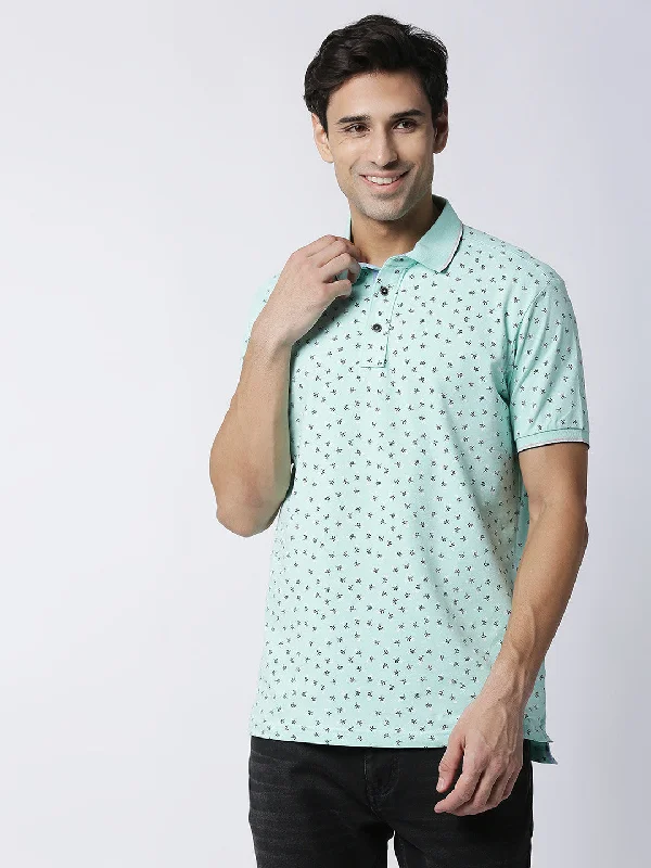 Men's cooling travel polo shirt-Fresh Mint Printed Pique Lycra Polo T-shirt