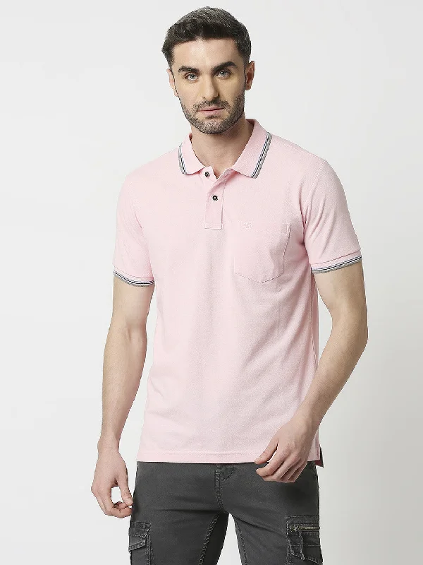 Men's fashion-forward office wear polo shirt-Pink Pique Lycra Polo T-shirt With Pocket