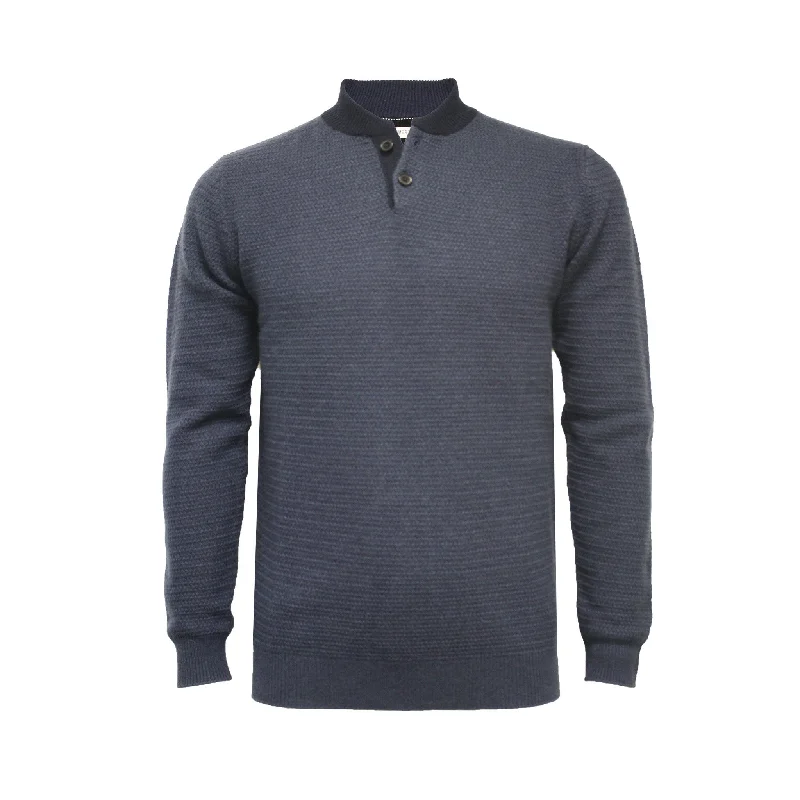 Men's club knit-Navy Cashmere Button Neck Sweater Hunter