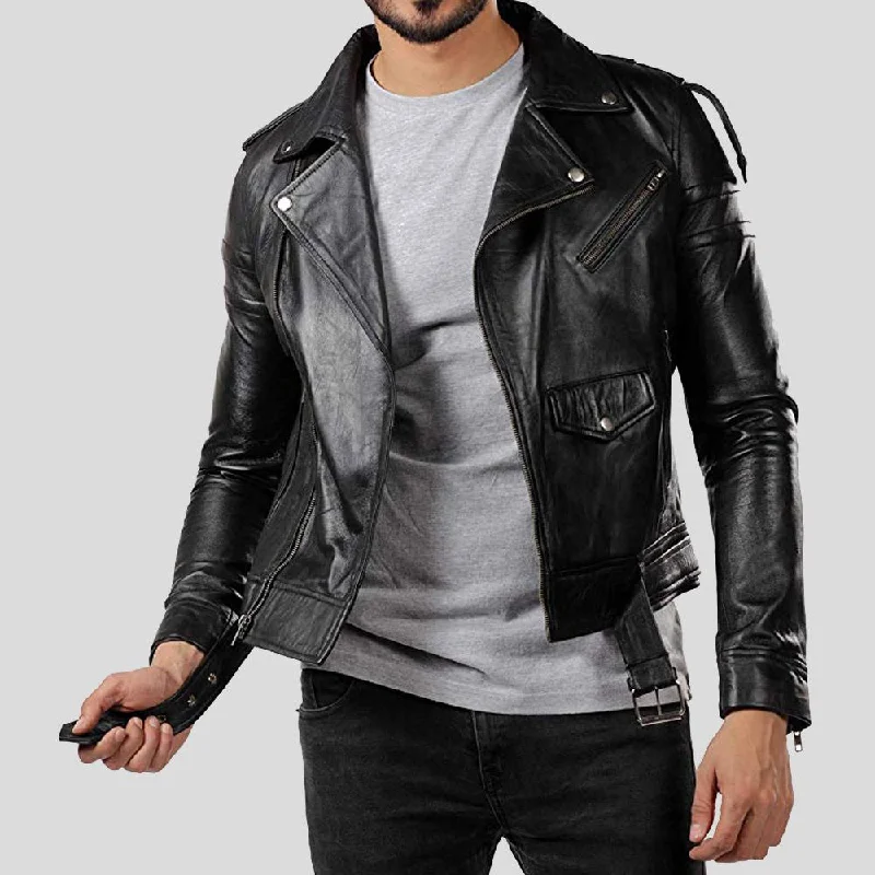 Men's breathable travel coat-Donn Black Vintage Motorcycle Leather Jacket