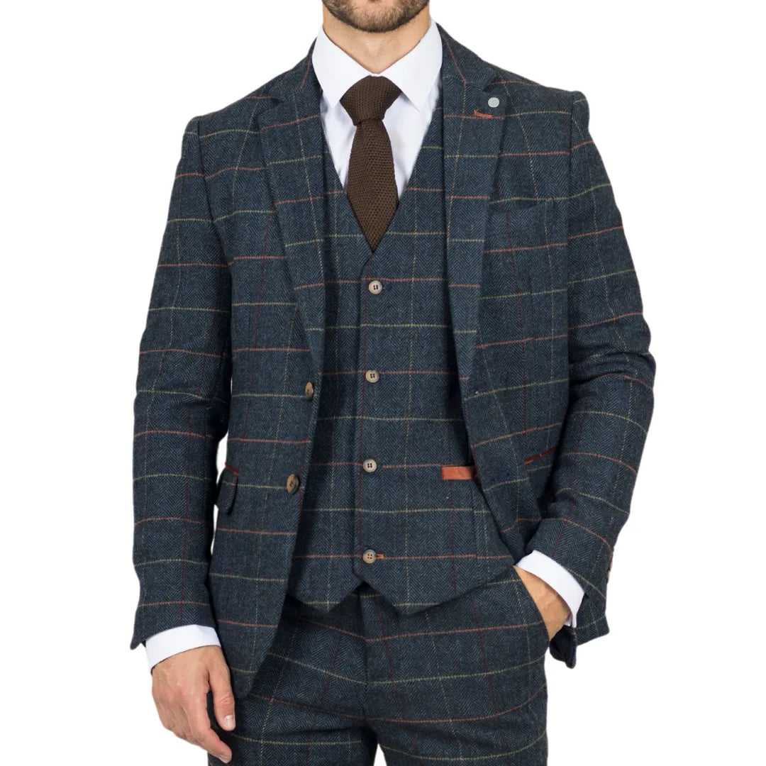 Men's versatile hiking jacket-Archer - Men's Navy Checked Herringbone Tweed Blazer