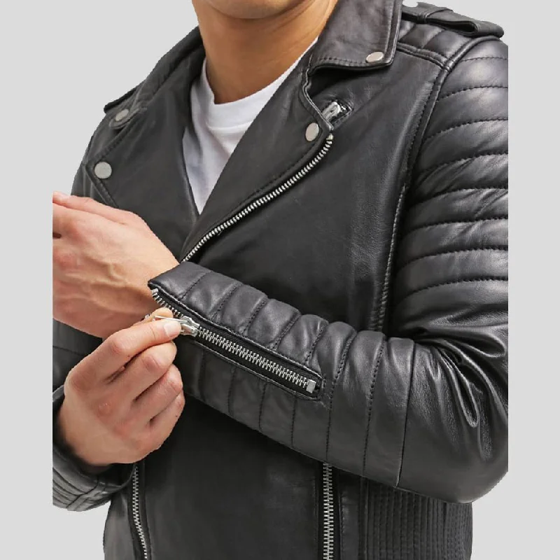 Men's organic cotton jacket-Cain Black Slim Fit Biker Leather Jacket