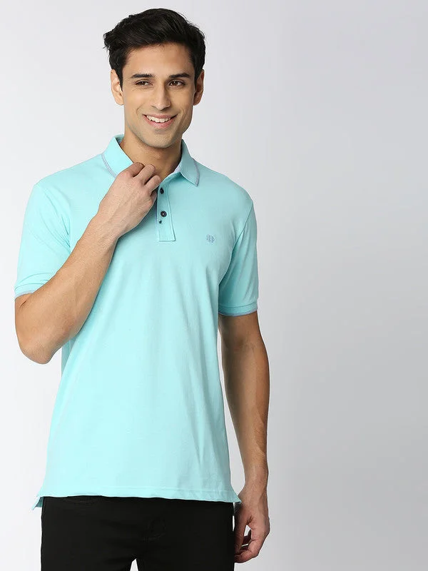 Men's antibacterial office wear polo shirt-Aqua Blue Pique Lycra Polo T-shirt