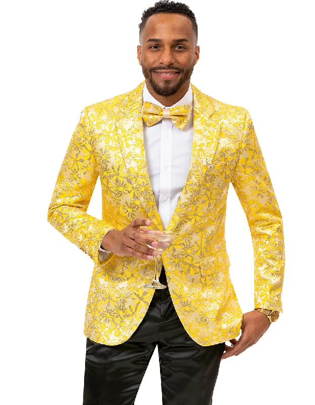 Men's sustainable gym jacket-Mens Paisley Notch  Prom Tuxedo Blazer in Yellow Gold