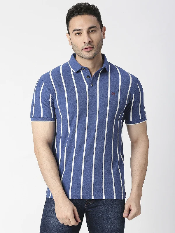 Men's modern travel wear polo shirt-Royal Blue Vertical Striped Pique Polo T-shirt