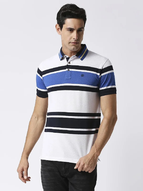 Men's ultra-light casual wear polo shirt-White & Blue Striped Pique Polo T-shirt