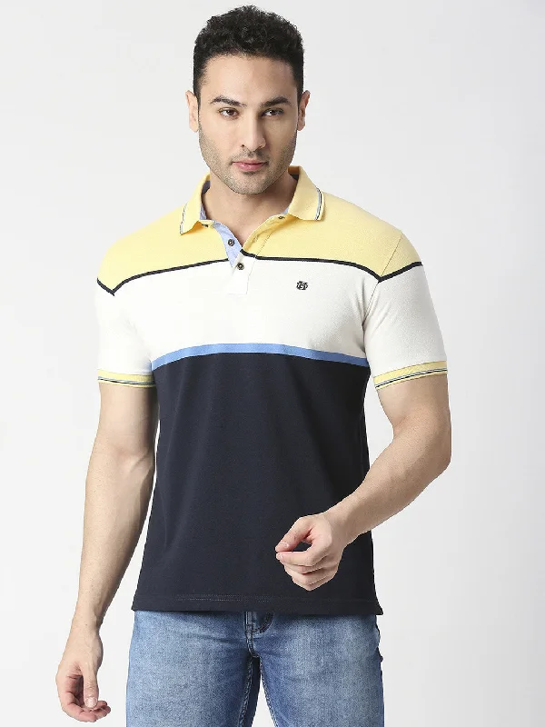 Men's high-stretch casual polo shirt-Lemon Yellow & Navy Pique Striped Polo T-shirt