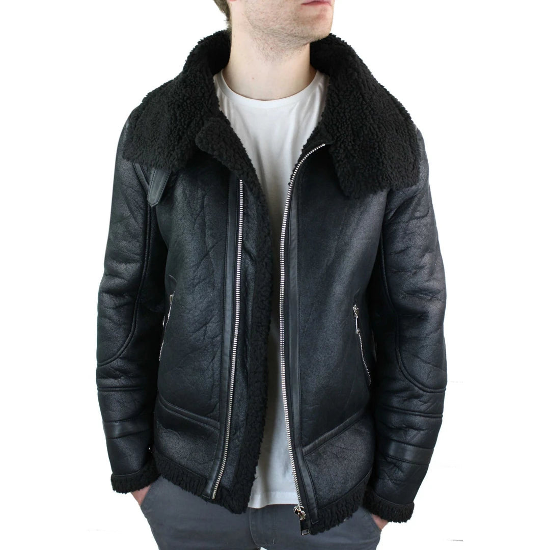 Men's ultra-comfortable travel jacket-Men's Shearling Sheepskin Faux Fur B3 Aviator Flying Jacket RAF Black Winter Warm