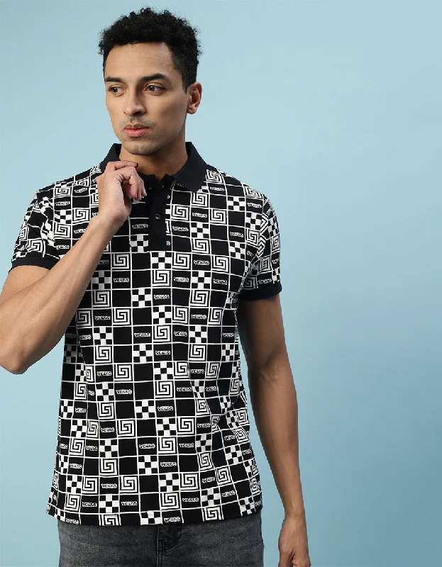 Men's gym-ready performance polo shirt-Black Box All Over Geometric Printed Polo T-shirt