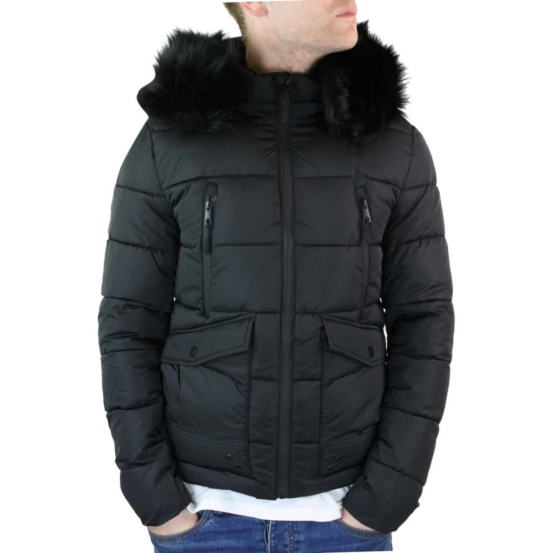 Men's modern denim jacket-Men's Zip Hooded Fur Jacket Coat Puffer Quilted Warm Winter