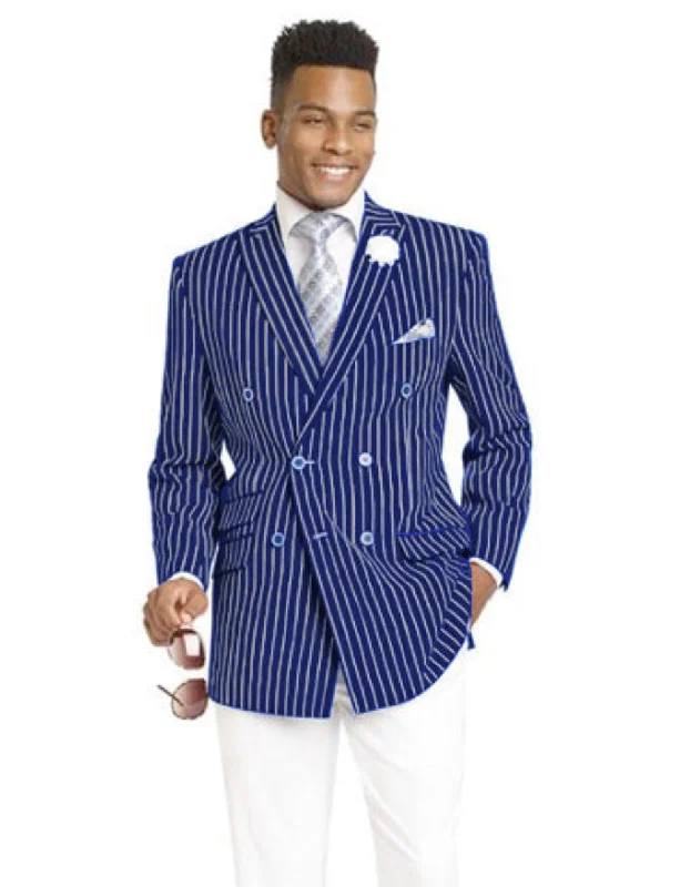 Men's tech-inspired casual jacket-Mens Double Breasted Blazer in Color Navy - Pinstripe Sportcoat