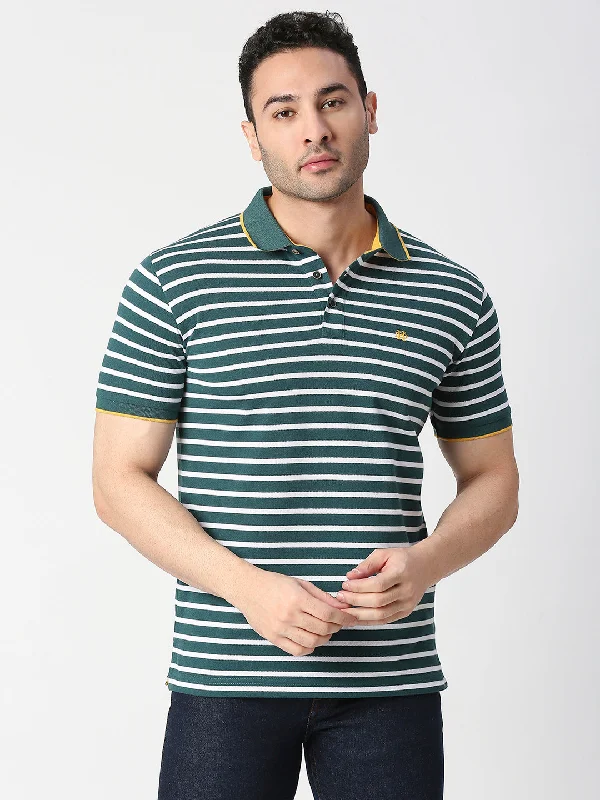 Men's sporty travel wear polo shirt-Green Pique Striped Polo T-shirt