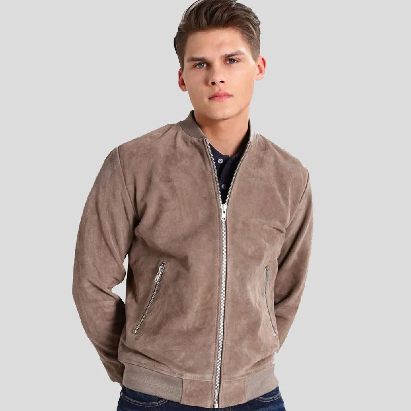 Men's modern denim jacket-Rolf Grey Suede Bomber Leather Jacket