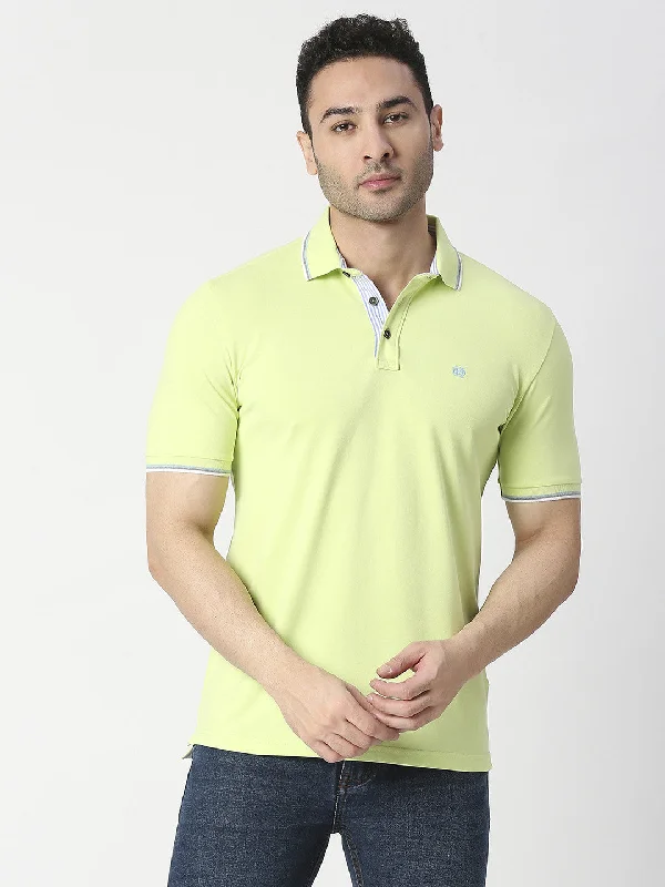 Men's breathable office polo shirt-Lime Green Pique Lycra Polo T-shirt With Tipping Collar