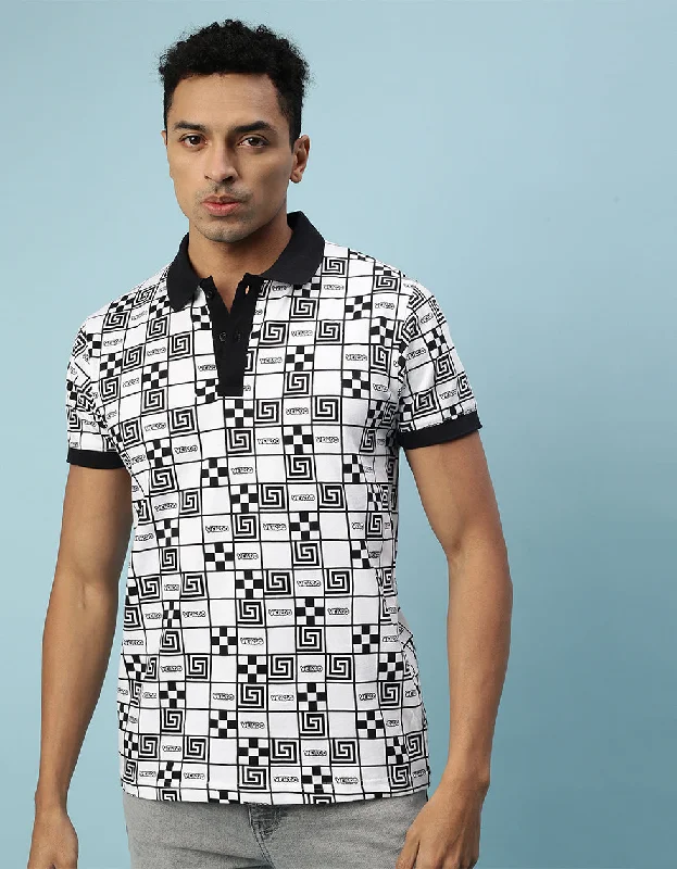 Men's organic gym polo shirt-White Box All Over Geometric Printed Polo T-shirt