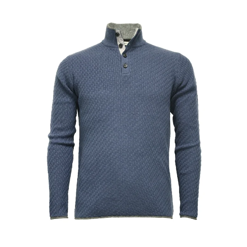 Men's concert knit-Cashmere Sweater Button Neck Andromeda in Carbon Stitch Rockpool Blue