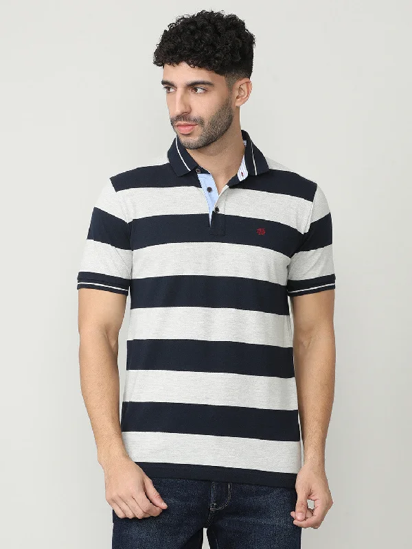 Men's eco-conscious casual wear polo shirt-Black Pique Stripes Polo T-shirt With Tipping Collar