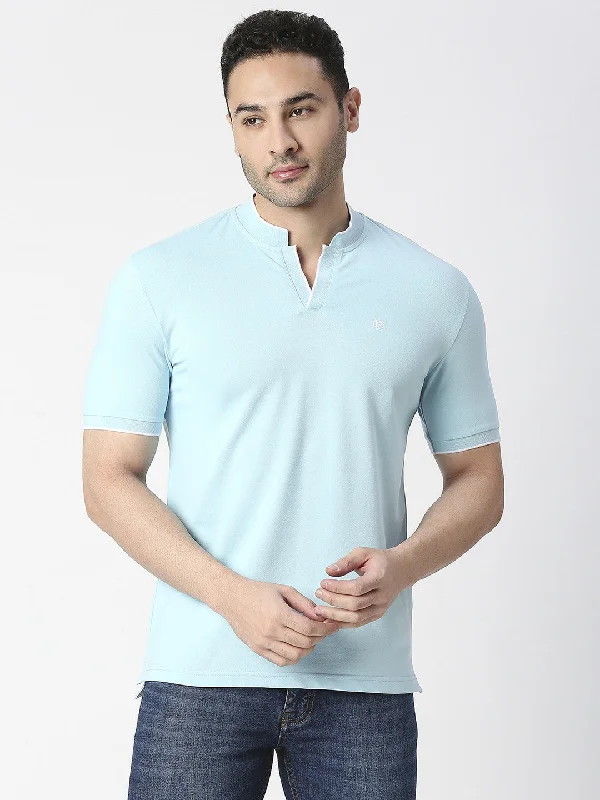 Men's functional gym polo shirt-Sky Blue Pique Lycra Polo T-shirt With Johnny Collar