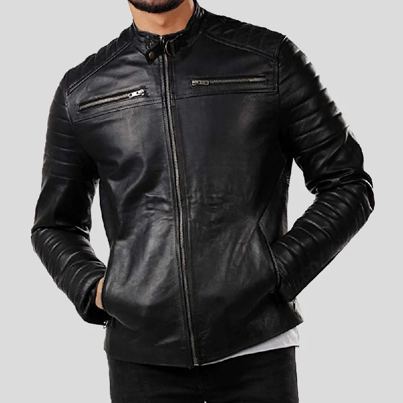 Men's ultra-comfortable travel jacket-Elon Black Motorcycle Leather Jacket