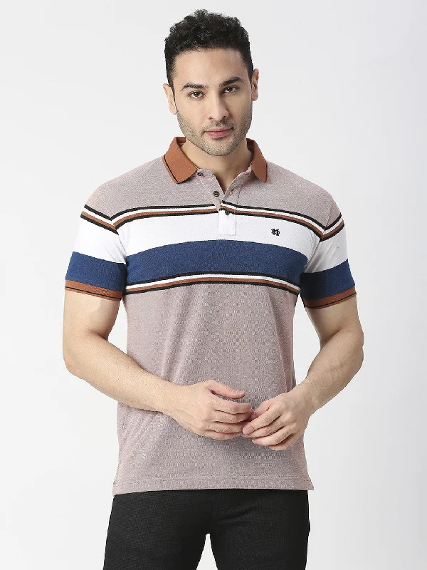 Men's versatile travel polo shirt-Light Sand Striped Pique Polo T-shirt