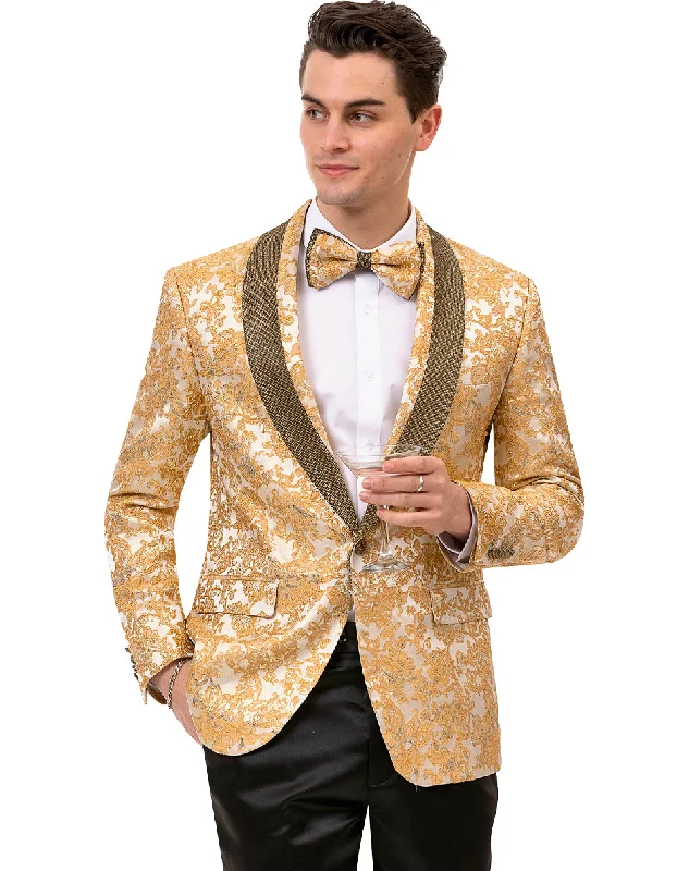 Men's organic fleece jacket-Mens Paisley Jeweled Shawl  Prom Tuxedo Blazer in Gold