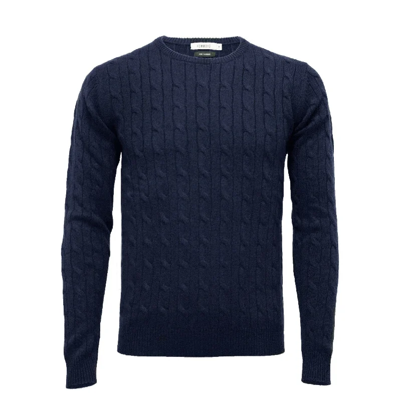 Men's party knit-Navy Cashmere Crew Neck Cable Sweater