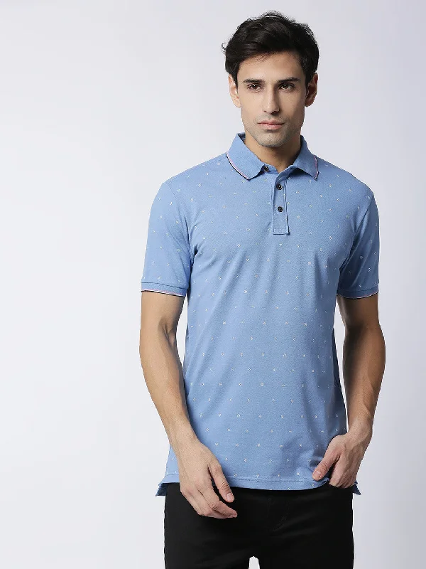 Men's adaptable casual polo shirt-Mid Blue Printed Pique Lycra Polo T-shirt