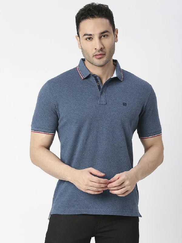 Men's weatherproof performance polo shirt-Blue Melange Pique Lycra Polo T-shirt With Tipping Collar