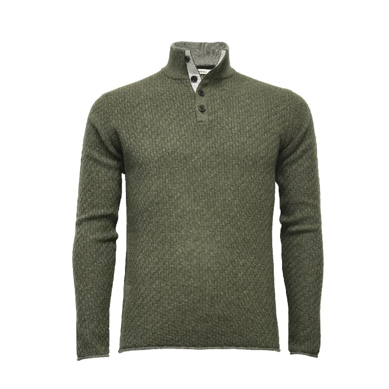 Men's pajama knit-Cashmere Sweater Button Neck Andromeda in Carbon Stitch Hunting Green