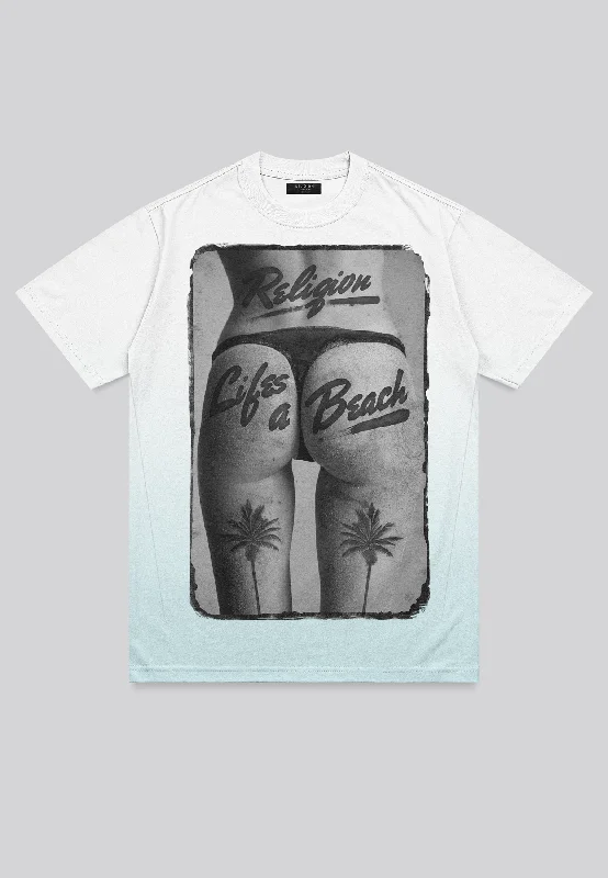 Men's casual athletic t-shirt-LIFES A BEACH WHITE & PALE BLUE T-SHIRT